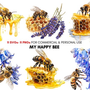 Watercolor happy honey bee among spring flowers png svg Cliparts, Digital bees & botanical prints for scrapbooking, stickers, planners...