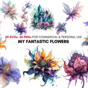 Watercolor fantastic flowers png svg Cliparts, Abstract alien flowers paintings, Space Flowers, digital download, Personal & Commercial Use.