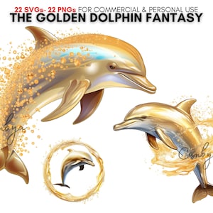 Watercolor mythical golden dolphin svg png digital clipart bundle, under the sea life, The golden dolphin fantasy.