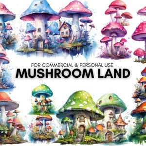 Aquarela de clipart de terra de cogumelos, para uso comercial e pessoal, 29 PNGs transparentes, designs diferentes.