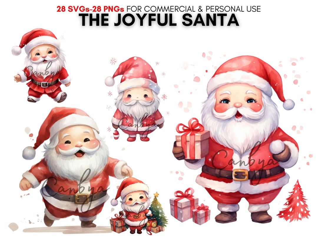 Cute Watercolor Christmas Santa Svg Png Clipart Bundle, Digital Prints ...
