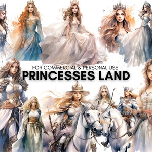 Princesas Land Clipart Aquarela, para uso comercial e pessoal, 17 PNGs transparentes, designs diferentes.