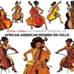 Retro African american women on cello clipart prints, vintage black women music art, for t shirt designs, stickers, planners...