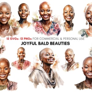 Watercolor black girl png svg clipart, breast cancer awareness projects,  joyful african american  bald women clipart, digital prints