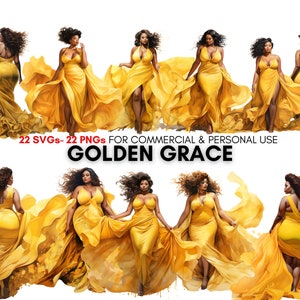 watercolor curvy black girl fashion in yellow dresses svg png clipart bundle, digital prints