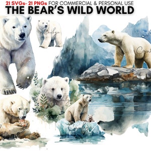 watercolor wild polar bear svg png digital clipart bundle, winter animal art print, the Bear's wild world, nature landscapes.