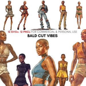 Stylish black girls with shaved hair style png svg cliparts, african american fashion women, short hair cut fashion illustrations, digital.