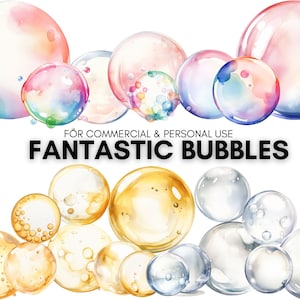 Fantastische bubbels, kleurrijke, gouden en zilveren bubbels, clipart aquarel, voor commercieel en persoonlijk gebruik, 24 transparante PNG's.