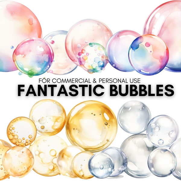 Fantastic Bubbles, colorful, gold and silver Bubbles, Clipart Watercolor, for commercial and personal use, 24 Transparent PNGs.