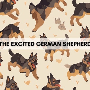 Peut inclure: Un motif sans couture représentant un design ludique de chiens bergers allemands dans différentes poses, tous avec des expressions enthousiastes. Les chiens sont représentés dans des tons de brun et de noir sur un fond beige clair avec de petits accents de feuilles brunes et vertes. Le texte "THE EXCITED GERMAN SHEPHERD" apparaît en haut du motif.