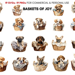 Watercolor cute puppy in cosy basket png svg clipart bundle, cute dog illustrations, nursery decor, printable animal art, commercial use.