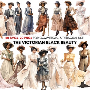 Watercolor victorian fashion styled black girl svg png clipart bundle, vintage clipart, retro digital prints.