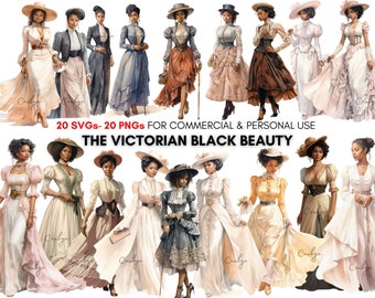 May include: A digital illustration set of 20 Victorian-era Black women wearing various dresses and hats. The women are depicted in a watercolor style with intricate details. The image includes the text "20 SVGs-20 PNGs for commercial & personal use The Victorian Black Beauty".