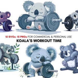 Watercolor kawaii koala workout png svg prints, funny lazy koala clipart, animal art digital prints, for stickers, planners, junk journals..