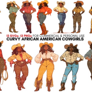 13 sinuose cowgirl afroamericane in formato SVG, 13 sinuose cowgirl nere png, Western SVG, clipart ragazza nera di campagna, disegni di sublimazione