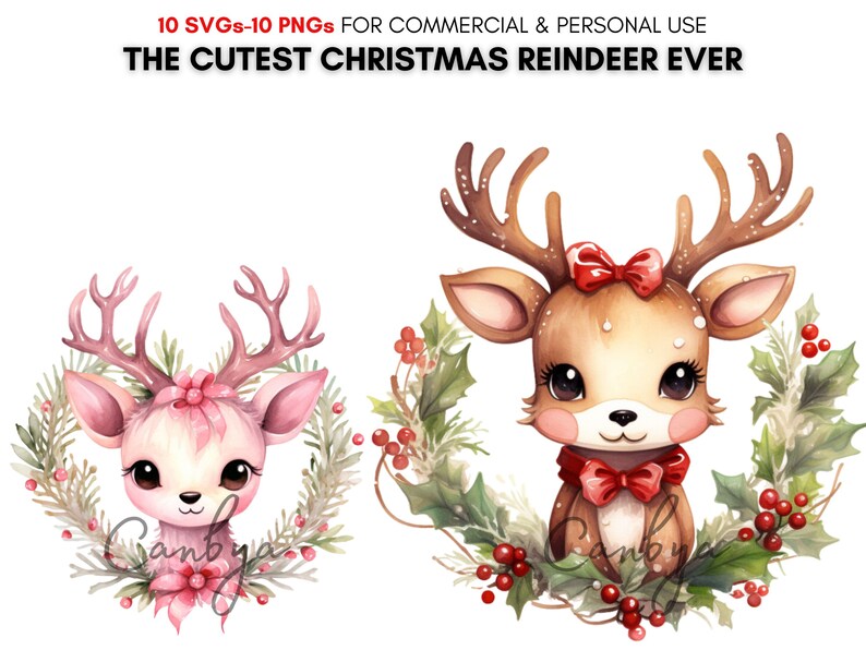 Watercolor Kawaii Reindeer Svg Png Cliparts, Christmas Santas Reindeer ...
