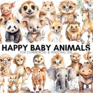Kawaii Happy baby animals Clipart, Watercolor, 22 Transparent PNGs, Domestic, farm & wild animals for stickers, planners, scrapbooking...