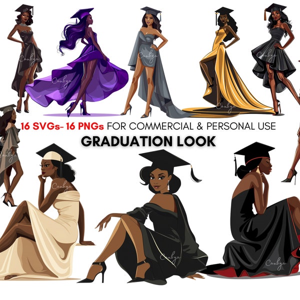 Graduation black girl's look svg ong clipart bundle, african american graduation party clipart, fashion graduates, digital prints.