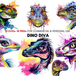 Watercolor Dinosaur Diva svg png digital clipart bundle, Dinosaur female design for women t shirt designs, stickers, party invitations...