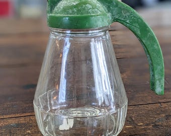 Vintage Syrup Pitcher, small glass pitcher with green lid