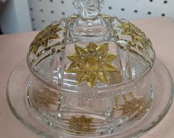 Antique EAPG Starburst Butter Dish with Lid & Plate | Victorian Pressed Glass Dome | Bethlehem Star Pattern | Amber Glass