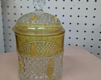 Antique Amber EAPG Covered Jar | Diamond Oval Panels Victorian Pressed Glass