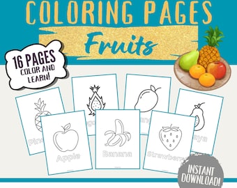 Páginas para colorear Frutas Páginas para colorear imprimibles para niños Frutas con nombres e imágenes Actividad para colorear Frutas Descarga instantánea Actividad para niños