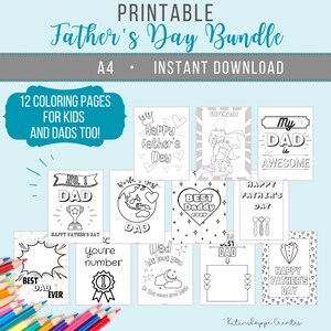 May include: A set of 12 printable coloring pages featuring Father's Day themes. The pages include images of a superhero dad, a dad holding a trophy, a dad with a heart, a dad with a tie, and more. The pages are designed for kids and dads to color together.