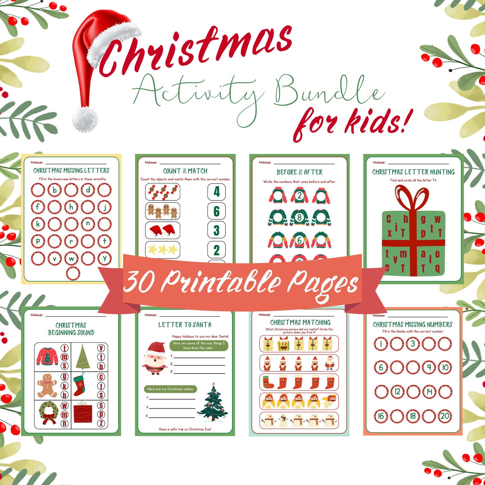 30 Printable Pages Christmas Activity Bundle for Kids Fun Christmas ...