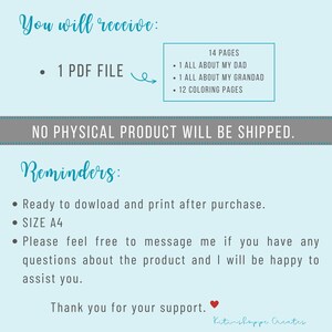 May include: A digital download for a printable PDF booklet about a dad and granddad. The booklet includes 14 pages, with one page dedicated to "All About My Dad", one page dedicated to "All About My Granddad", and 12 coloring pages. The text "You will receive: 1 PDF FILE" is visible in the image.