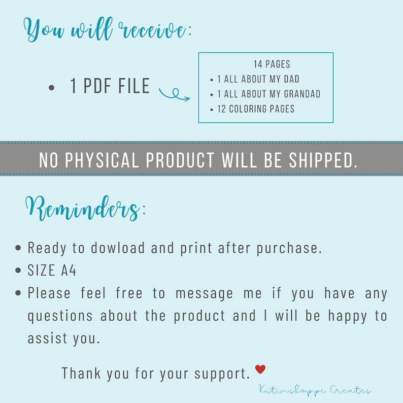 May include: A digital download for a printable PDF booklet about a dad and granddad. The booklet includes 14 pages, with one page dedicated to "All About My Dad", one page dedicated to "All About My Granddad", and 12 coloring pages. The text "You will receive: 1 PDF FILE" is visible in the image.