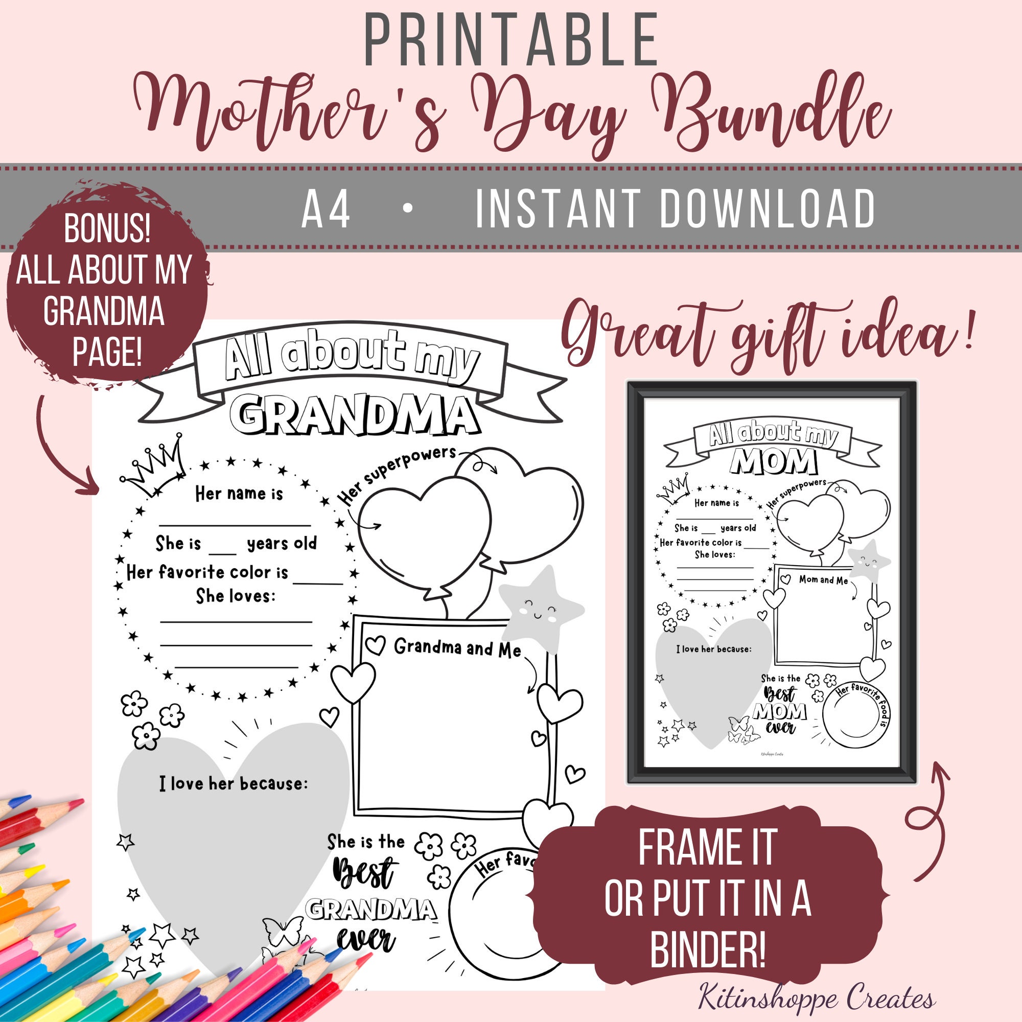 Mother's Day Coloring Pages, All About My Mom Printable, Gift for Mom, Gift for Grandma, Mom and ...