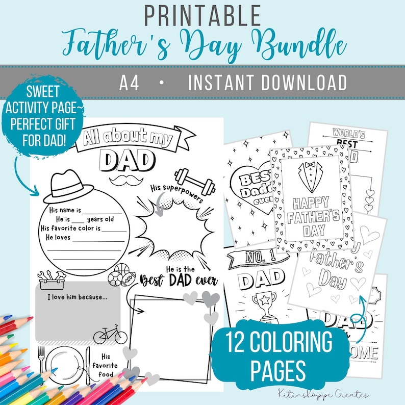 May include: A printable Father's Day coloring book bundle with 12 pages. The cover features a black and white illustration of a dad with a mustache and a superhero cape. The text "All about my DAD" is written in a bold font.