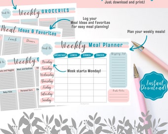 Weekly Meal Planner Printable Weekly Grocery List Printable Meal Planner Pink Pretty Meal Planner Digital Instant Download Printable Planner