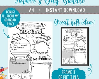 May include: Printable Father's Day bundle with two coloring pages. One page is for a grandad and the other is for a dad. Both pages have a black and white illustration of a man wearing a hat and a mustache. The pages have fill-in-the-blank sections for the child to write about their father or grandfather. The text on the page says "All about my Grandad" and "All about my Dad".