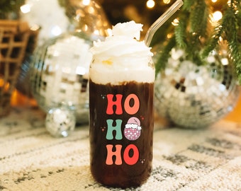 Ho-Ho Frosted Glass Can with Bamboo Lid, Holiday Gift, Clear Straw with Retro Print, Cute Beer Glass Can, Holiday Glass Tumbler