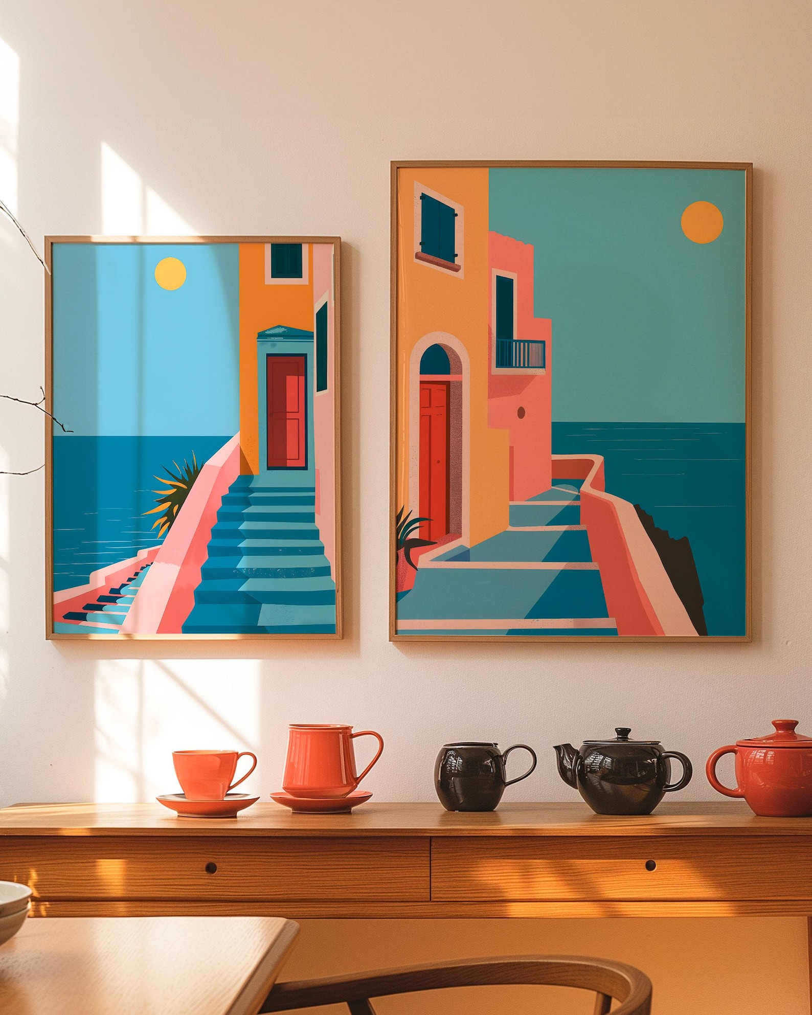 Mediterranean Modern Abstract Art Set of Two Geometric Coastal Wall ...