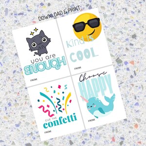 印刷可能な親切カード、ポジティブカード、ミニ肯定カード、励まし、子供用ランチボックスメモ、インスピレーションメモ、オンデマンド印刷