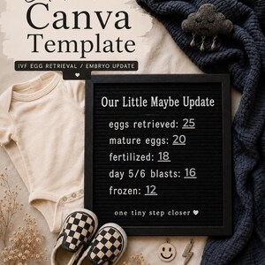 May include: An editable Canva template for an IVF egg retrieval update featuring a black letter board with white text reading Our Little Maybe Update, eggs retrieved: 25, mature eggs: 20, fertilized: 18, day 5/6 blasts: 16, frozen: 12, one tiny step closer.