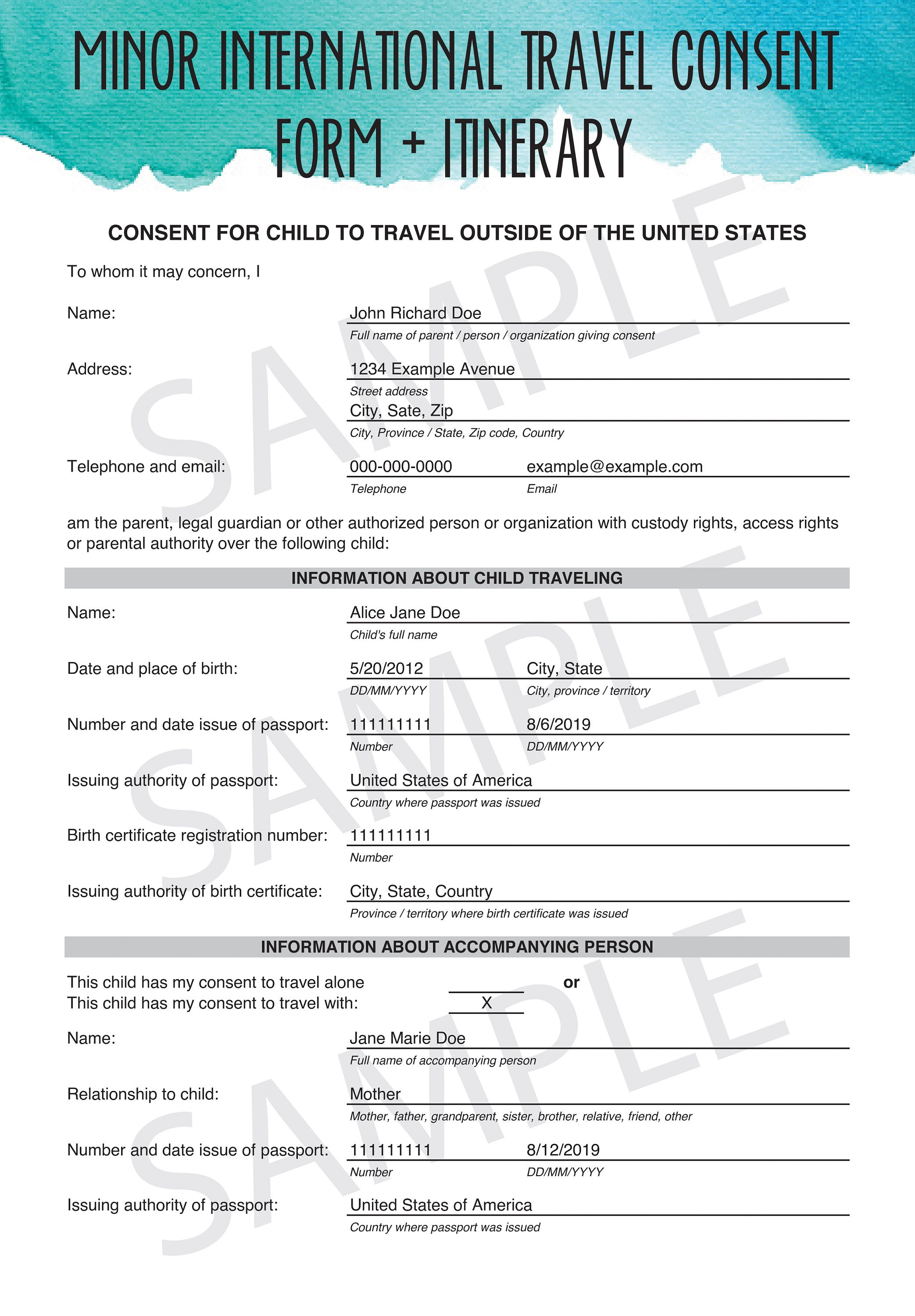 Minor International Travel Consent Form &amp; Itinerary - Etsy