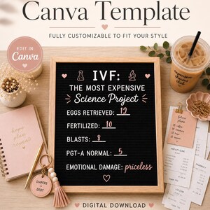Op de afbeelding: Een zwart vilten letterbord in een lichthouten lijst met witte en roze tekst: IVF: THE MOST EXPENSIVE Science Project, EGGS RETRIEVED: 12, FERTILIZED: 10, BLASTS: 8, PGT-A NORMAL: 5, EMOTIONAL DAMAGE: priceless, voorzien van kleine iconen.