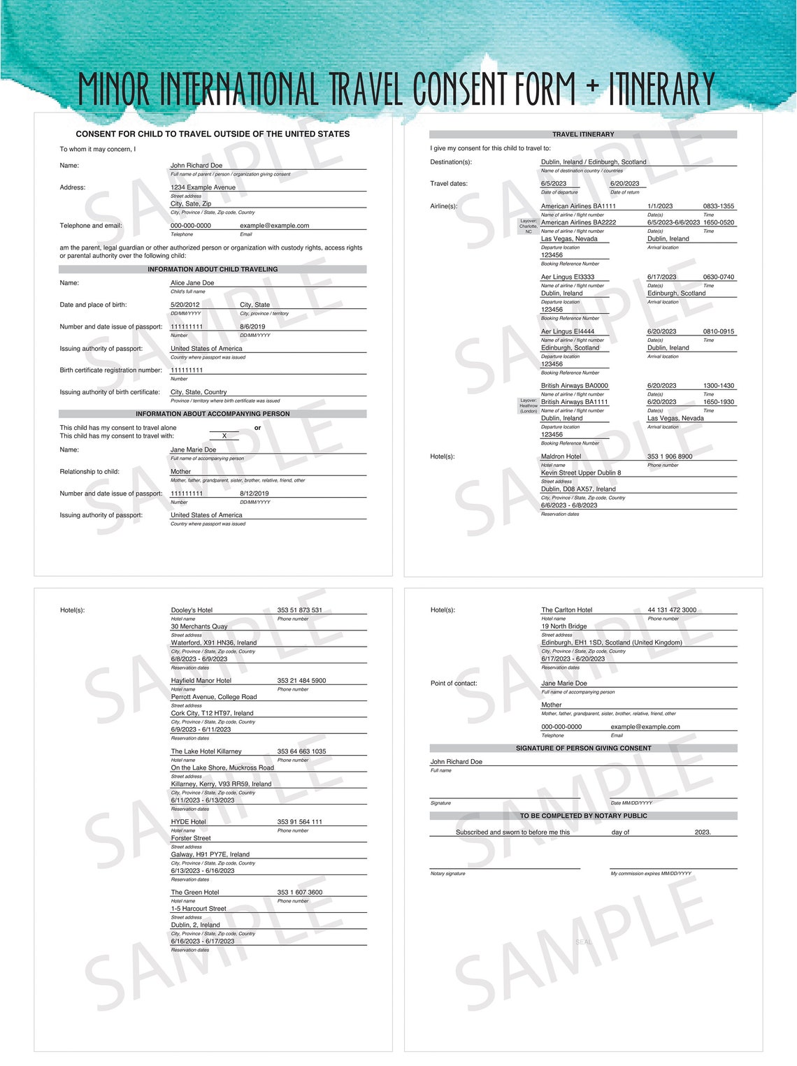 Minor International Travel Consent Form &amp; Itinerary - Etsy