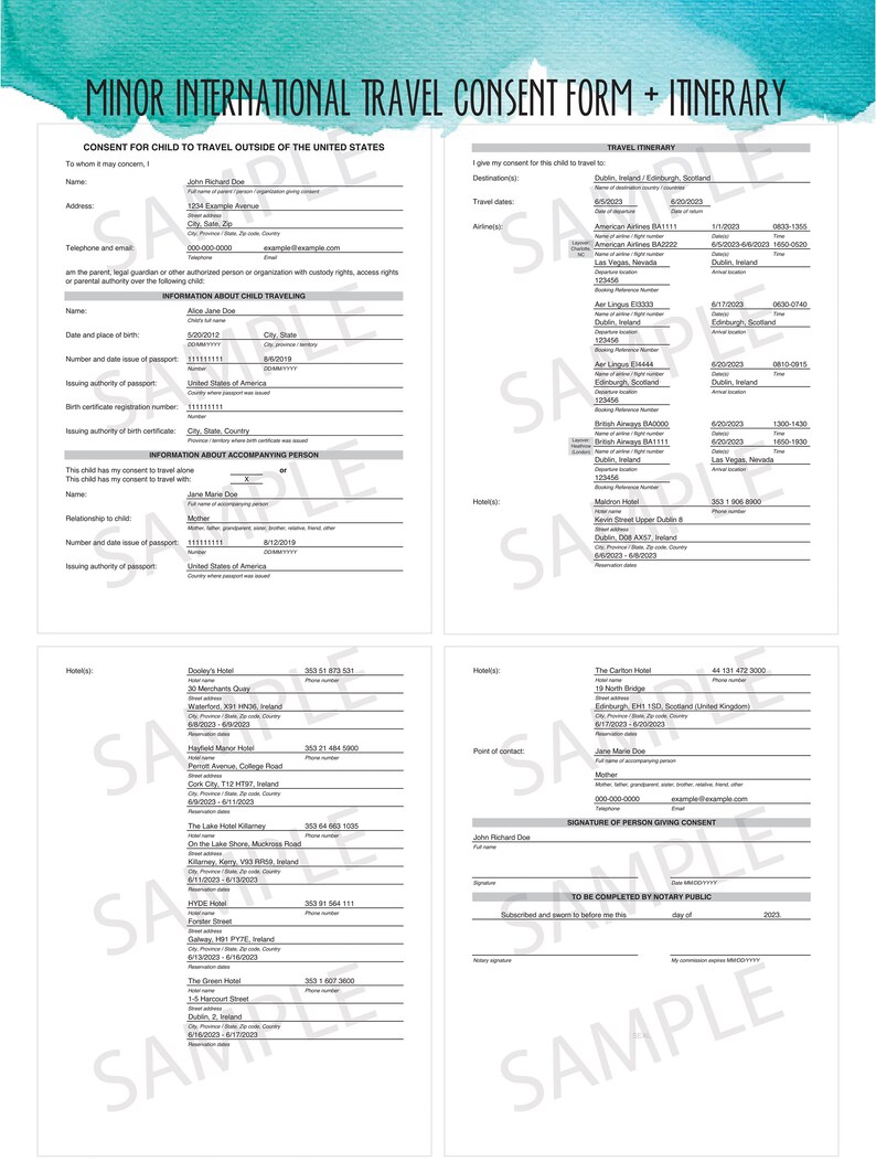 Minor International Travel Consent Form &amp; Itinerary - Etsy