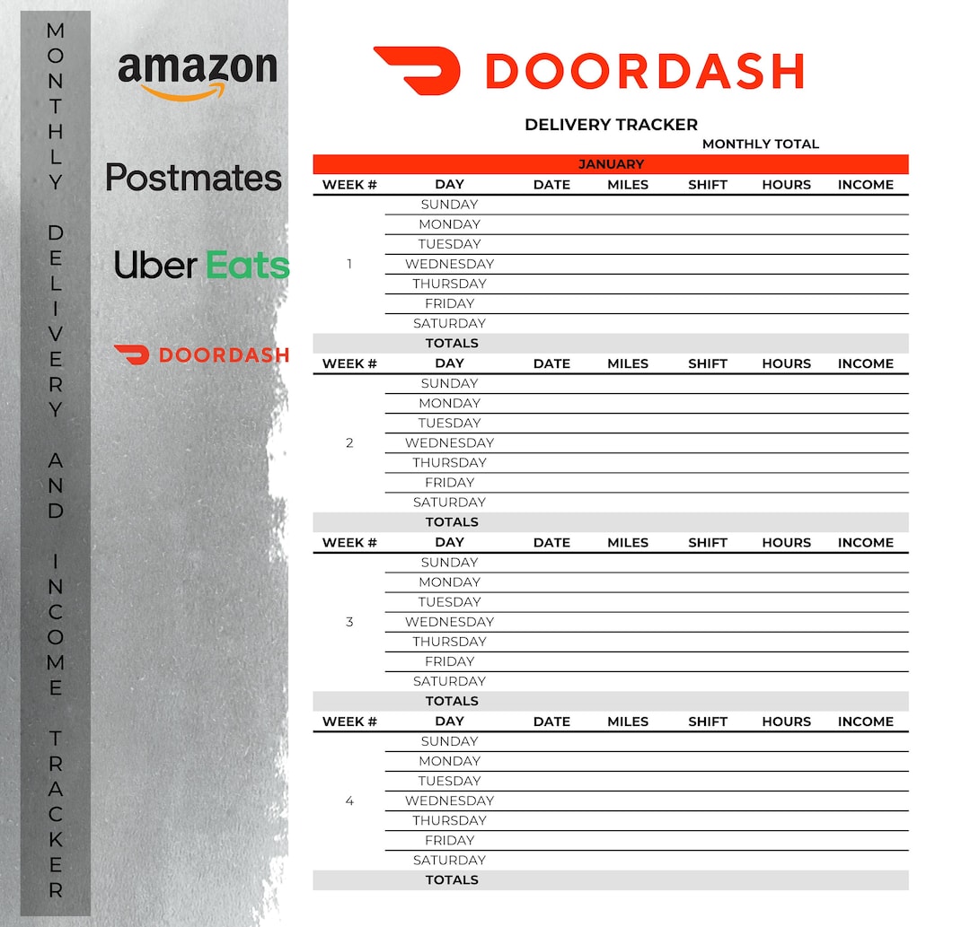 Printable Delivery Driver & Delivery Tracker Doordash Postmates Uber Eats Amazon Digital