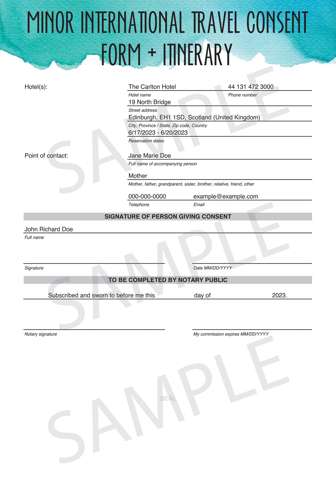 Minor International Travel Consent Form &amp; Itinerary - Etsy