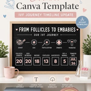 May include: A black felt letter board with a light wood frame displaying an IVF journey timeline. The text reads FROM FOLLICLES TO EMBABIES, OUR IVF JOURNEY, and includes icons for ovary, egg, fertilization, embryo, and transfer with numerical data.