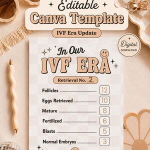Op de afbeelding: Een bewerkbaar Canva-sjabloon voor een IVF-tijdperk update tracker. Het document heeft een beige geblokte achtergrond met de tekst In Our IVF ERA, Retrieval No. 2, en velden voor het bijhouden van follikels, opgehaalde eicellen, rijpe, bevruchte, blastocysten en embryo's.