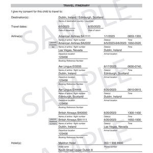 Minor International Travel Consent Form &amp; Itinerary - Etsy