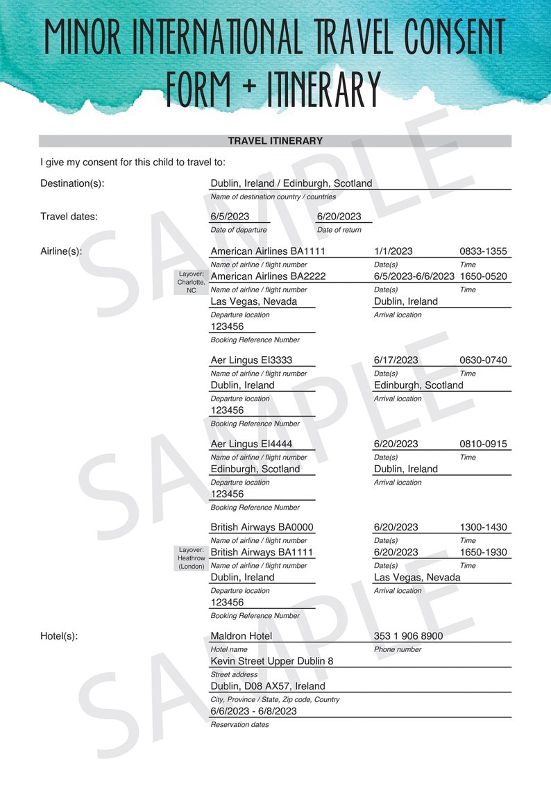 Minor International Travel Consent Form &amp; Itinerary - Etsy