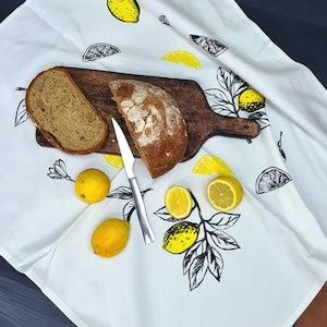 Lemon Kitchen Tea Towel, Hand Printed Cotton Towel, Dish Towel, Kitchen Linen, Housewarming Gift, Lemon Kitchen Decor, Citrus Kitchen Decor